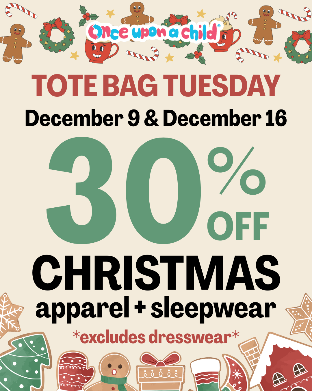 30% off holiday apparel with tote bag on 12/9 and 12/16